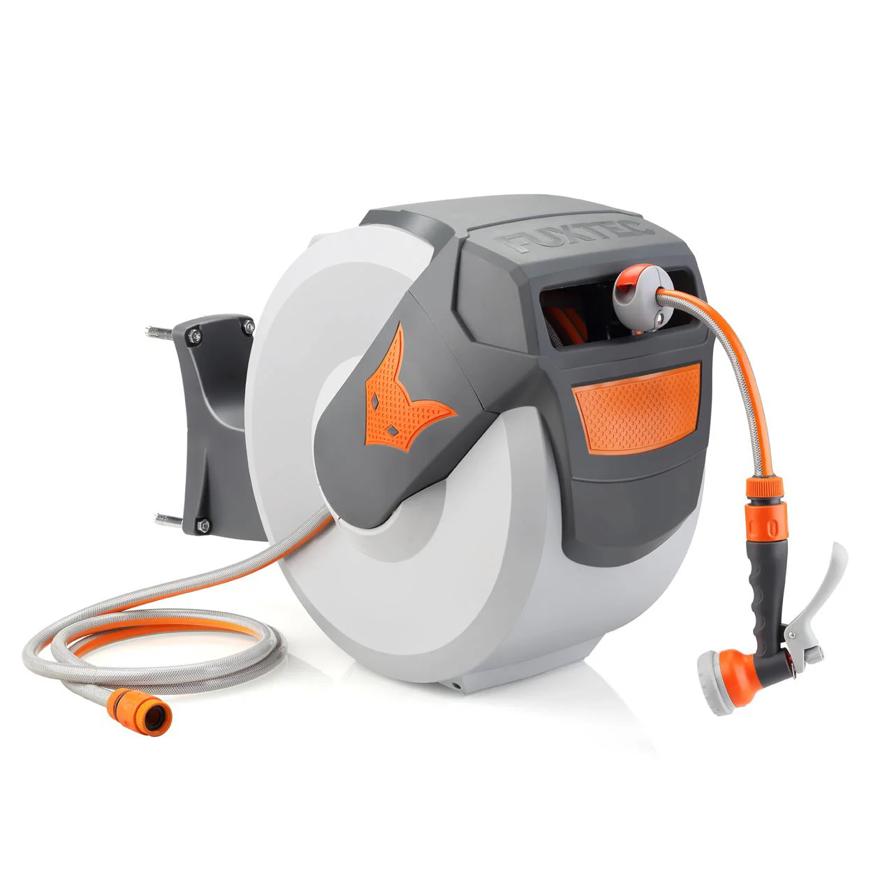 B-WARE Carrete automático de manguera para pared FUXTEC FX-WSA30 de 30 m con "EASY FIX" para facilitar el riego.